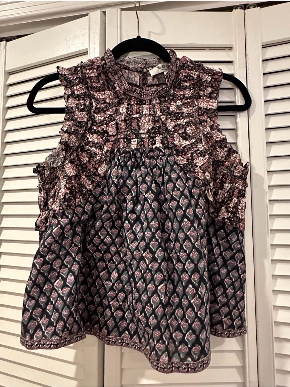 Sea New York Black and Pink Patterned Ruffle Blouse